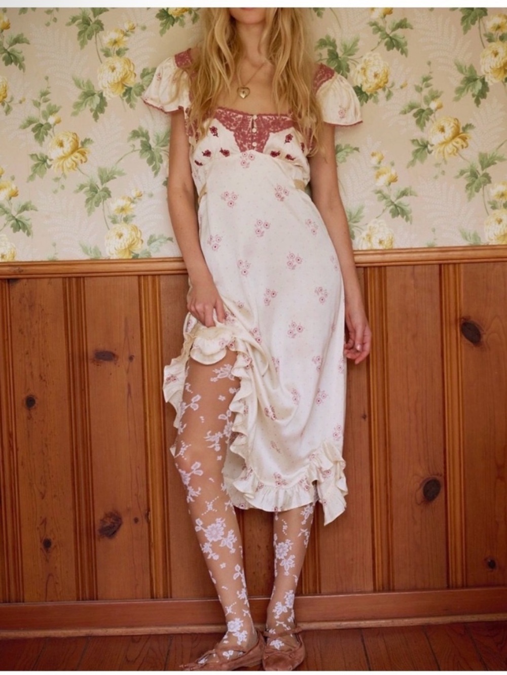 Free People Haven Satin Midi Slip Dress Swan Combo Floral Boho Cottagecore Med